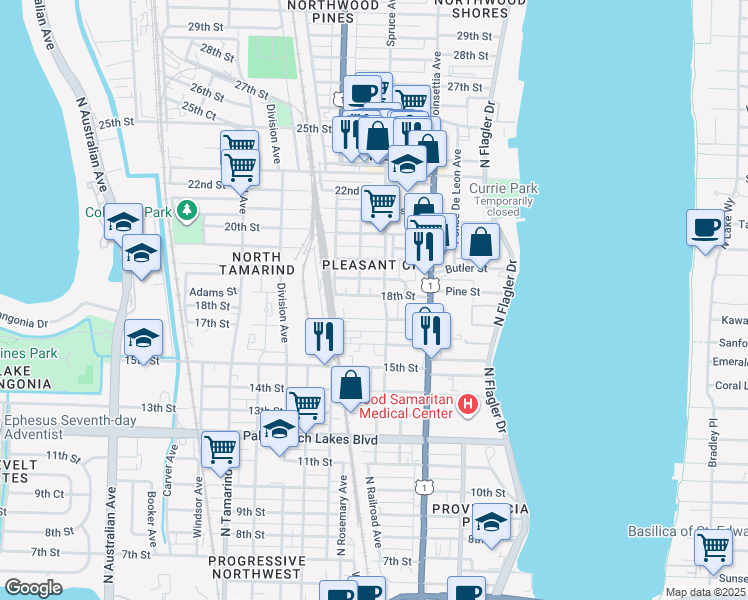 map of restaurants, bars, coffee shops, grocery stores, and more near 1901 Spruce Avenue in West Palm Beach