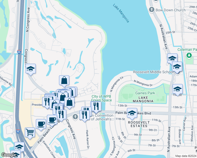 map of restaurants, bars, coffee shops, grocery stores, and more near 1830 Embassy Drive in West Palm Beach