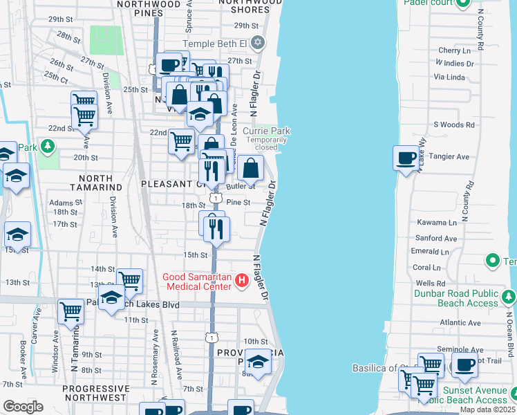 map of restaurants, bars, coffee shops, grocery stores, and more near 1901 North Flagler Drive in West Palm Beach