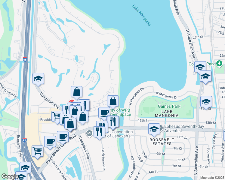 map of restaurants, bars, coffee shops, grocery stores, and more near 1830 Embassy Drive in West Palm Beach
