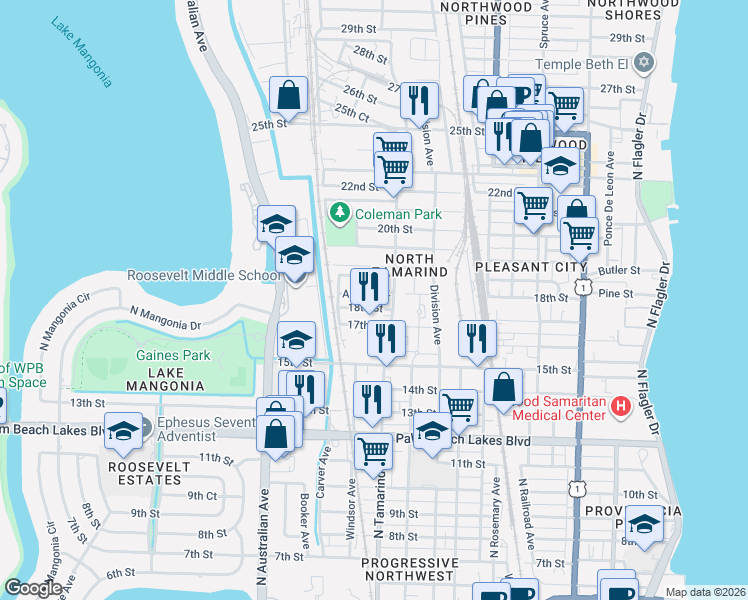 map of restaurants, bars, coffee shops, grocery stores, and more near 1032 Adams Street in West Palm Beach