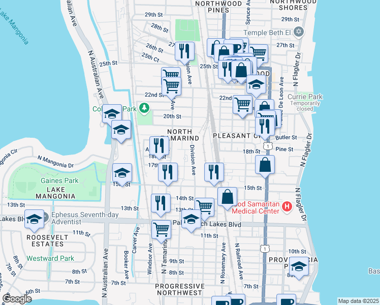 map of restaurants, bars, coffee shops, grocery stores, and more near 1855 Division Avenue in West Palm Beach