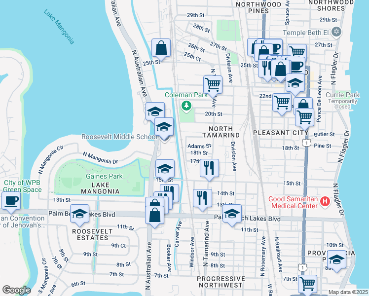 map of restaurants, bars, coffee shops, grocery stores, and more near 1907 Windsor Avenue in West Palm Beach