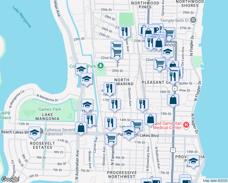map of restaurants, bars, coffee shops, grocery stores, and more near 6 North Tamarind Avenue in West Palm Beach