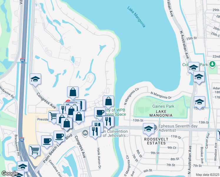 map of restaurants, bars, coffee shops, grocery stores, and more near 1823 Embassy Drive in West Palm Beach