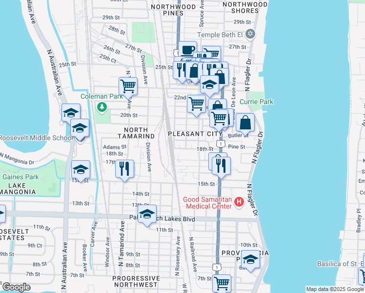map of restaurants, bars, coffee shops, grocery stores, and more near 531 18th Street in West Palm Beach