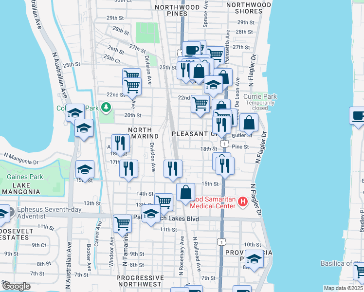 map of restaurants, bars, coffee shops, grocery stores, and more near 531 18th Street in West Palm Beach