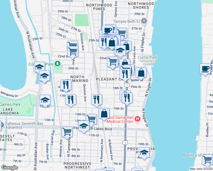 map of restaurants, bars, coffee shops, grocery stores, and more near 531 18th Street in West Palm Beach