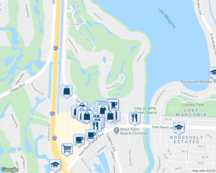 map of restaurants, bars, coffee shops, grocery stores, and more near 1814 Presidential Way in West Palm Beach