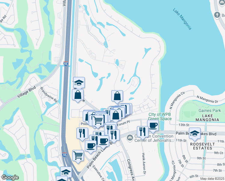 map of restaurants, bars, coffee shops, grocery stores, and more near 1801 Presidential Way in West Palm Beach
