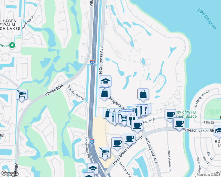 map of restaurants, bars, coffee shops, grocery stores, and more near 1750 North Congress Avenue in West Palm Beach