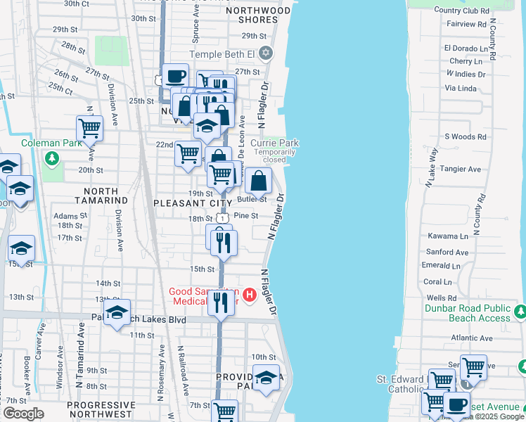 map of restaurants, bars, coffee shops, grocery stores, and more near 1901 North Flagler Drive in West Palm Beach