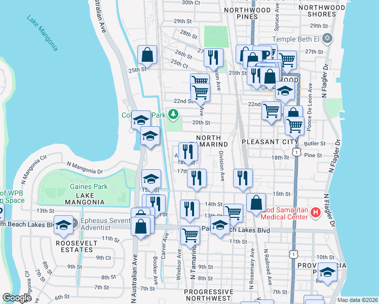 map of restaurants, bars, coffee shops, grocery stores, and more near 1032 Adams Street in West Palm Beach