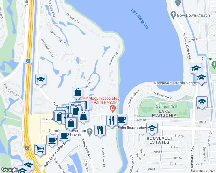 map of restaurants, bars, coffee shops, grocery stores, and more near in West Palm Beach