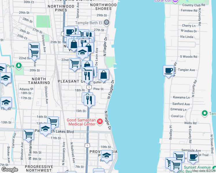 map of restaurants, bars, coffee shops, grocery stores, and more near 1919 North Flagler Drive in West Palm Beach