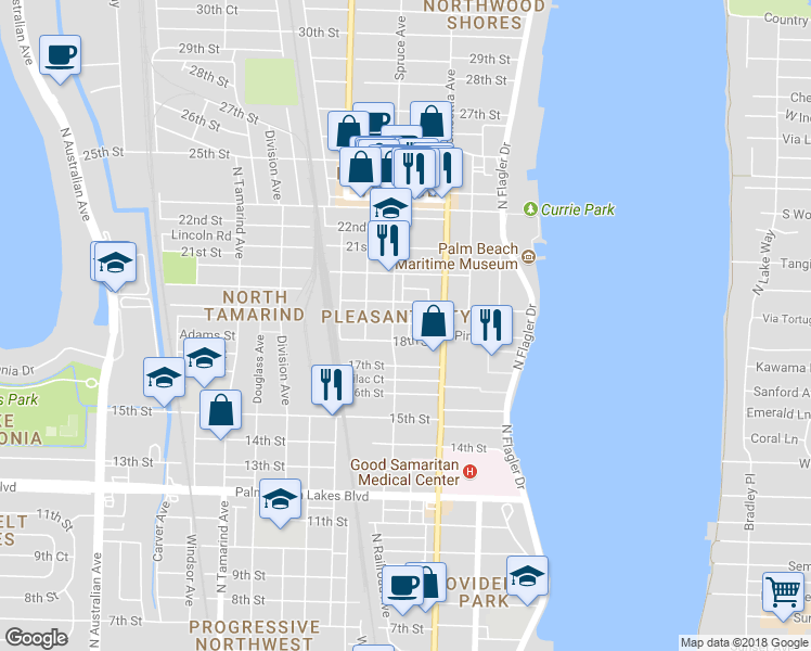 map of restaurants, bars, coffee shops, grocery stores, and more near 1901 Spruce Avenue in West Palm Beach