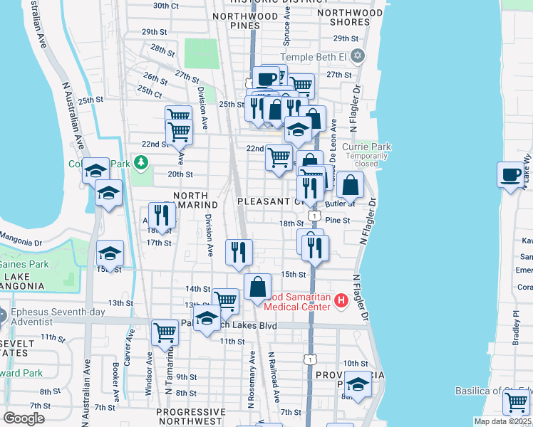 map of restaurants, bars, coffee shops, grocery stores, and more near 531 18th Street in West Palm Beach