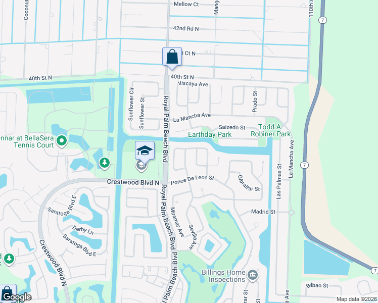 map of restaurants, bars, coffee shops, grocery stores, and more near 157 Sevilla Avenue in Royal Palm Beach