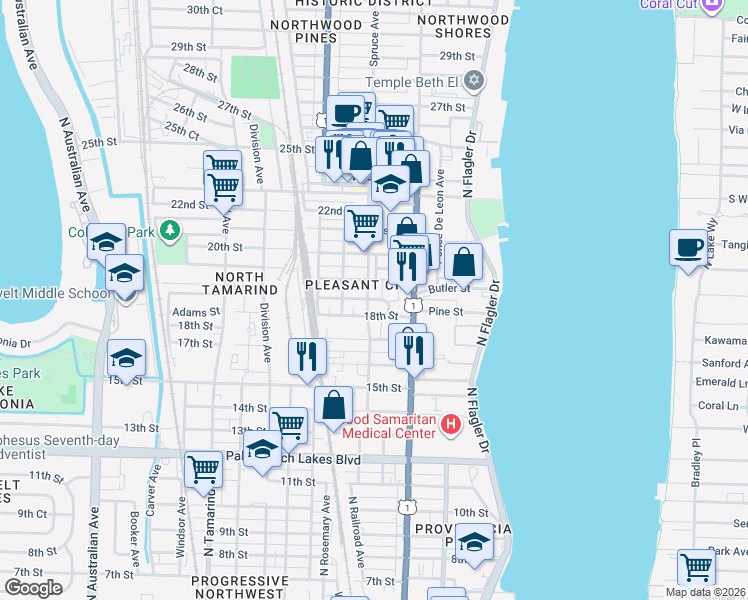 map of restaurants, bars, coffee shops, grocery stores, and more near 1901 Spruce Avenue in West Palm Beach