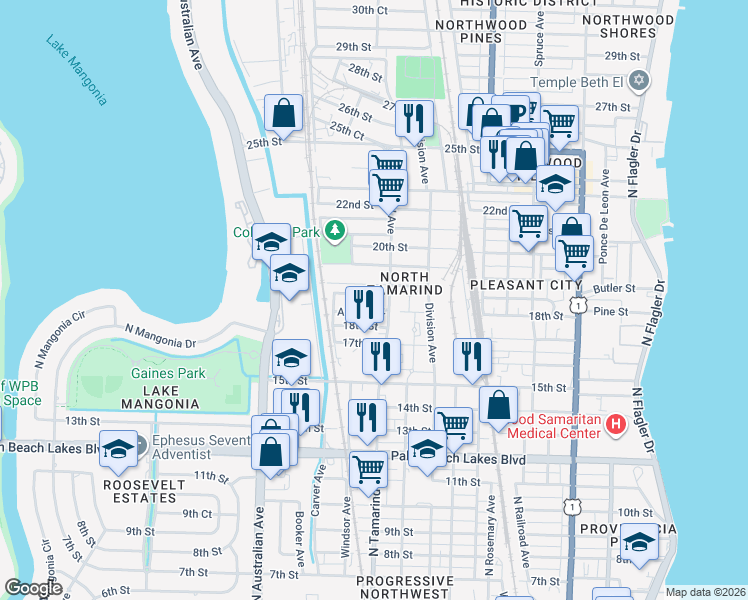 map of restaurants, bars, coffee shops, grocery stores, and more near 1032 Adams Street in West Palm Beach