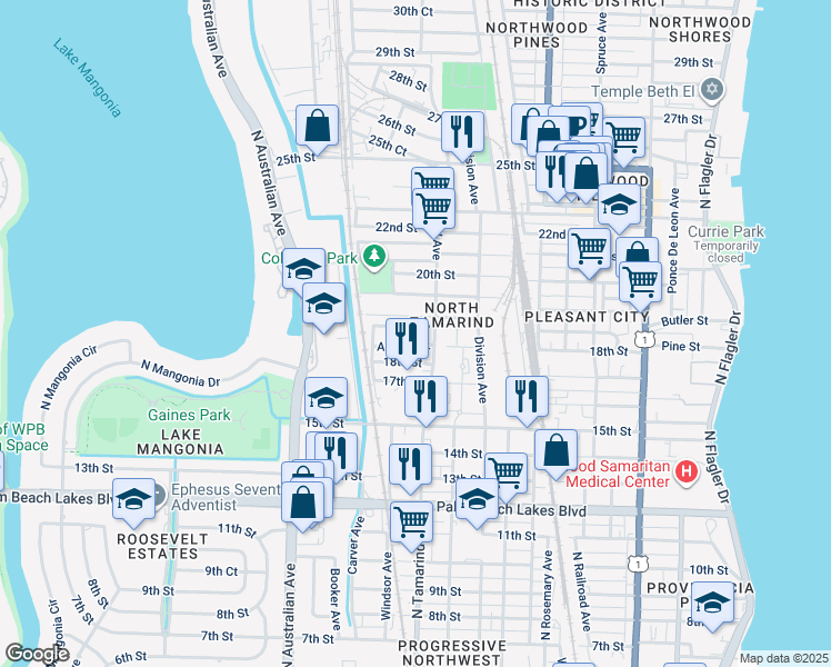 map of restaurants, bars, coffee shops, grocery stores, and more near 1032 Adams Street in West Palm Beach