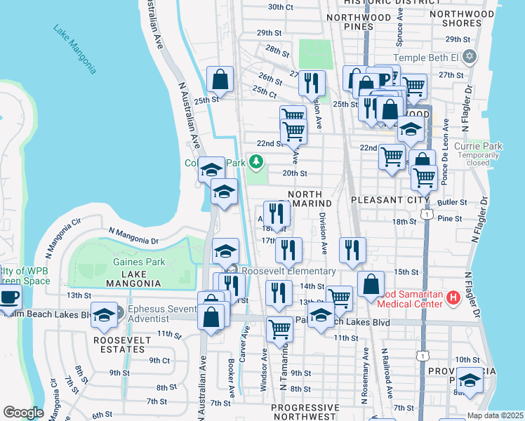 map of restaurants, bars, coffee shops, grocery stores, and more near 1032 Adams Street in West Palm Beach