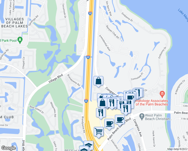map of restaurants, bars, coffee shops, grocery stores, and more near 1881 North Congress Avenue in West Palm Beach