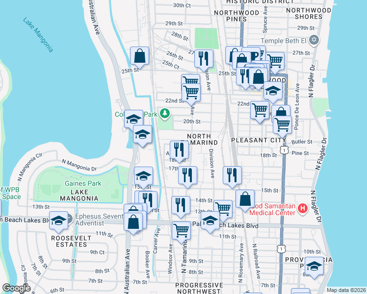 map of restaurants, bars, coffee shops, grocery stores, and more near 1032 Adams Street in West Palm Beach