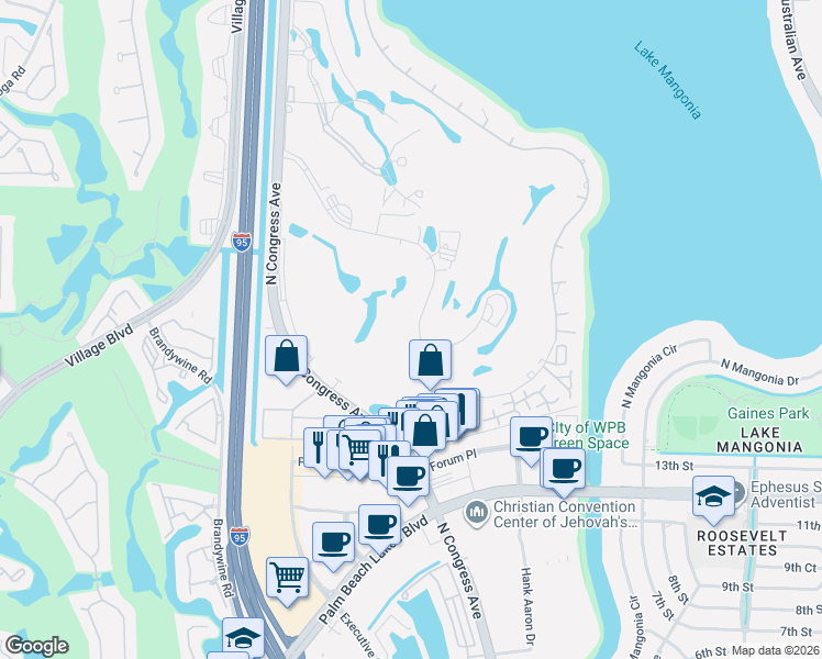 map of restaurants, bars, coffee shops, grocery stores, and more near 1801 Presidential Way in West Palm Beach