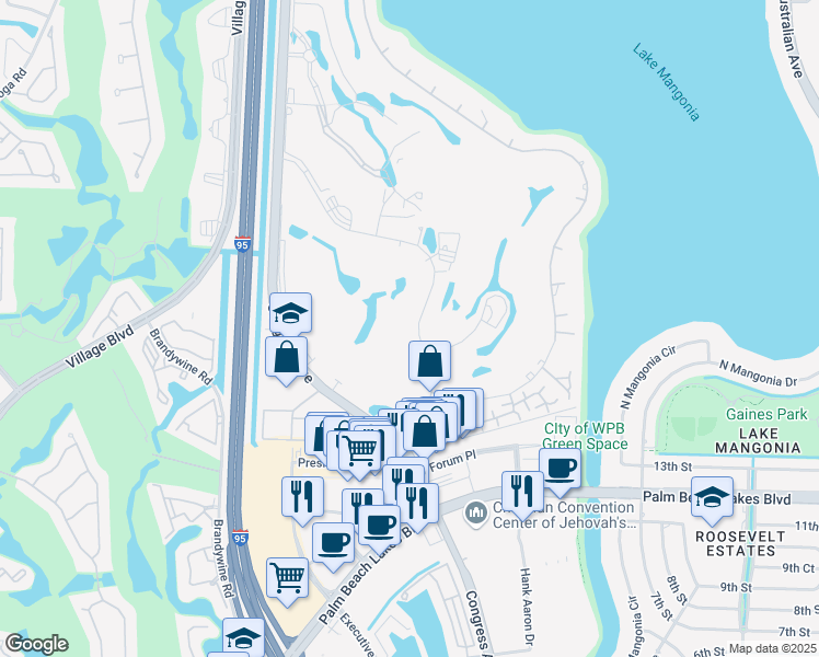 map of restaurants, bars, coffee shops, grocery stores, and more near 1801 Presidential Way in West Palm Beach