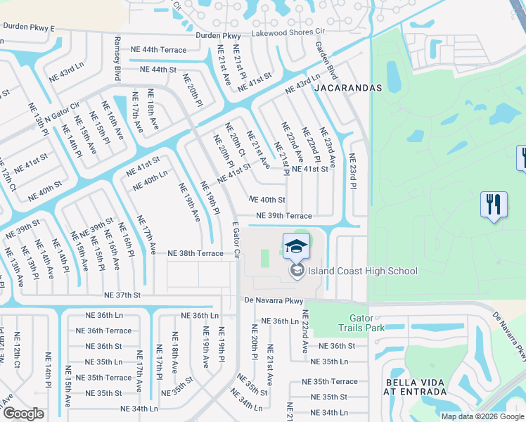 map of restaurants, bars, coffee shops, grocery stores, and more near 2025 Northeast 39th Terrace in Cape Coral