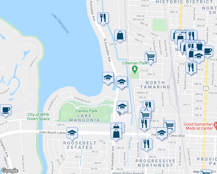 map of restaurants, bars, coffee shops, grocery stores, and more near 2101 North Australian Avenue in West Palm Beach