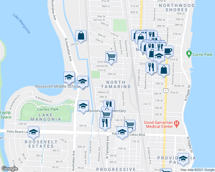 map of restaurants, bars, coffee shops, grocery stores, and more near 1940 North Tamarind Avenue in West Palm Beach