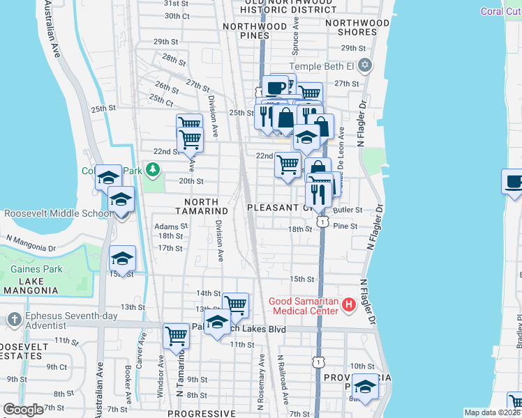 map of restaurants, bars, coffee shops, grocery stores, and more near 544 19th Street in West Palm Beach