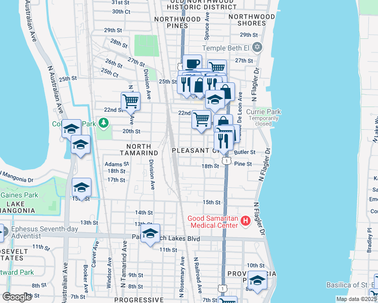 map of restaurants, bars, coffee shops, grocery stores, and more near 531 19th Street in West Palm Beach