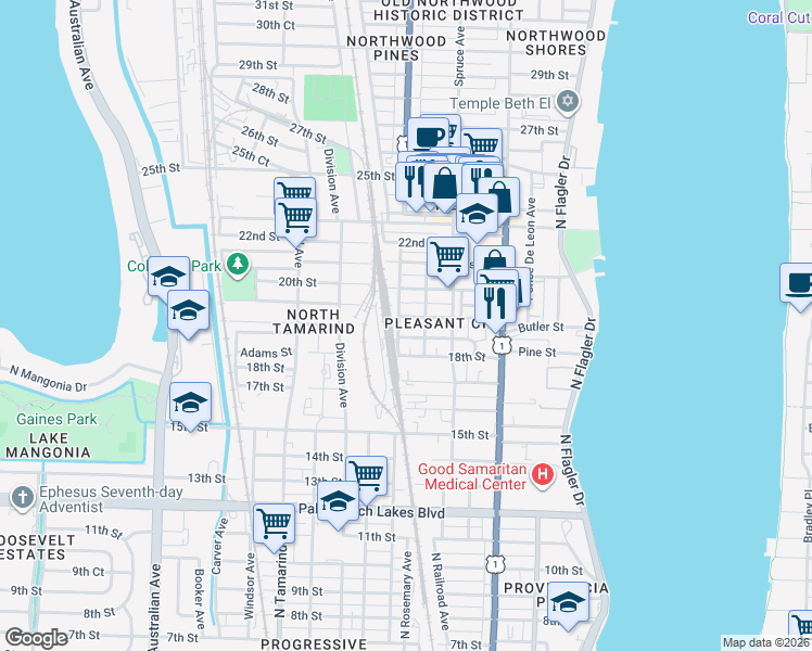 map of restaurants, bars, coffee shops, grocery stores, and more near 531 19th Street in West Palm Beach