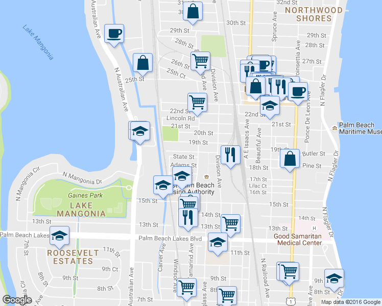 map of restaurants, bars, coffee shops, grocery stores, and more near 1940 North Tamarind Avenue in West Palm Beach