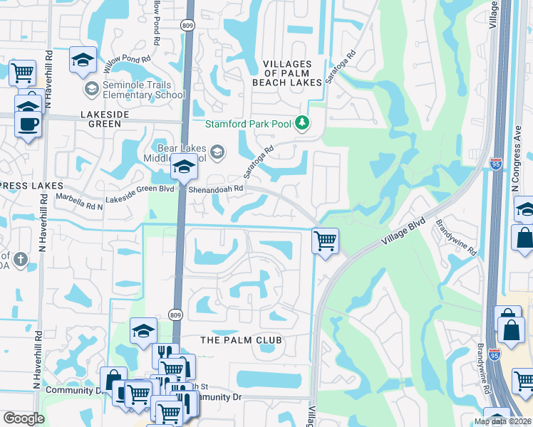 map of restaurants, bars, coffee shops, grocery stores, and more near 600 Green Springs Place in West Palm Beach