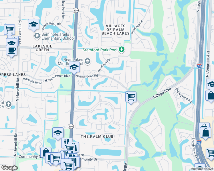 map of restaurants, bars, coffee shops, grocery stores, and more near 600 Green Springs Place in West Palm Beach