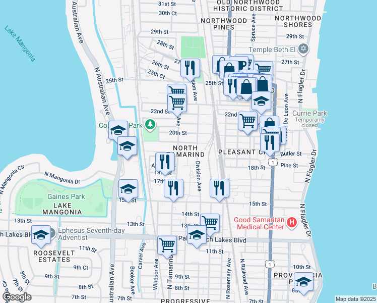 map of restaurants, bars, coffee shops, grocery stores, and more near 1909 Division Avenue in West Palm Beach