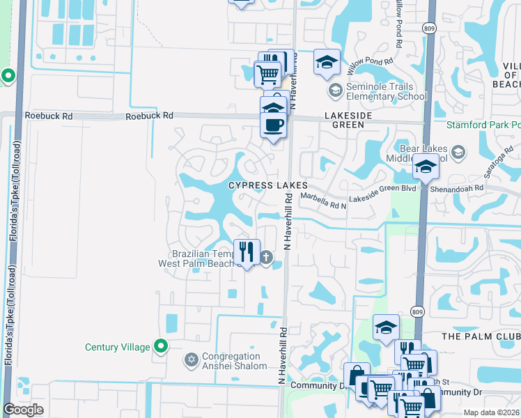 map of restaurants, bars, coffee shops, grocery stores, and more near 3496 Cypress Trail in West Palm Beach