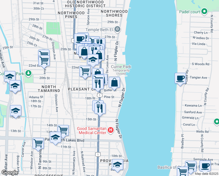 map of restaurants, bars, coffee shops, grocery stores, and more near 2010 Ponce De Leon Avenue in West Palm Beach