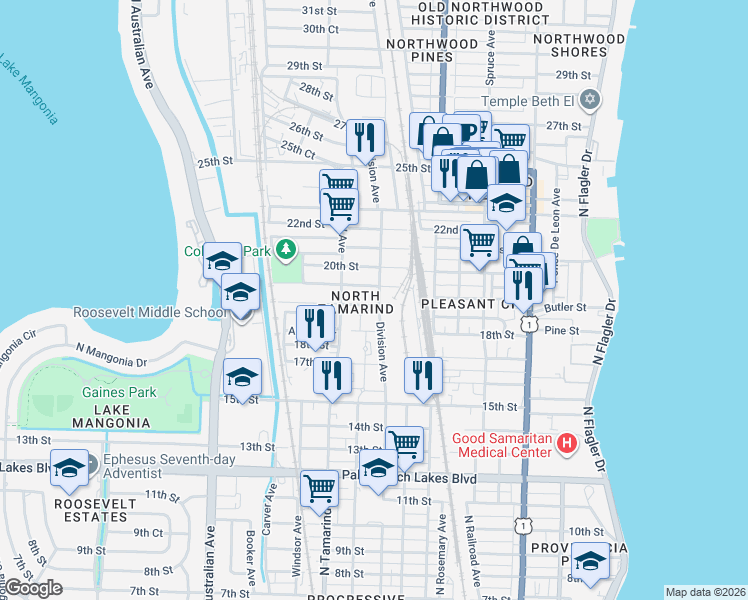 map of restaurants, bars, coffee shops, grocery stores, and more near 1909 Division Avenue in West Palm Beach