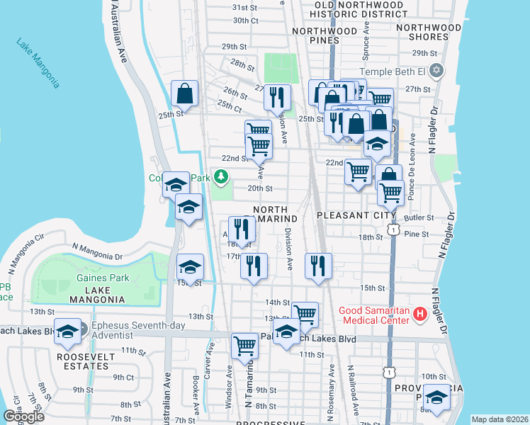map of restaurants, bars, coffee shops, grocery stores, and more near 1940 North Tamarind Avenue in West Palm Beach