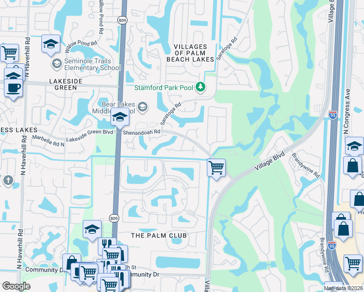 map of restaurants, bars, coffee shops, grocery stores, and more near 600 Green Springs Place in West Palm Beach