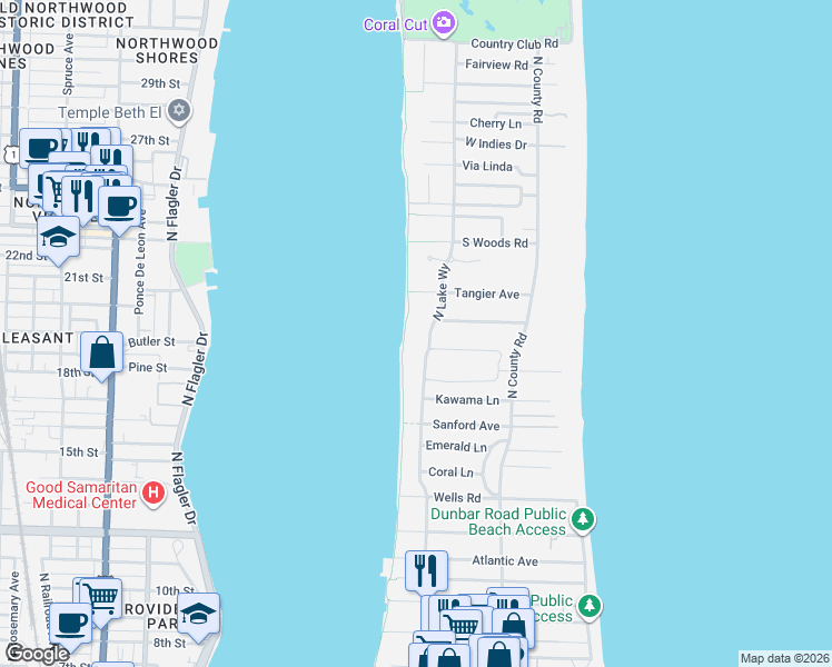 map of restaurants, bars, coffee shops, grocery stores, and more near 448 North Lake Way in Palm Beach