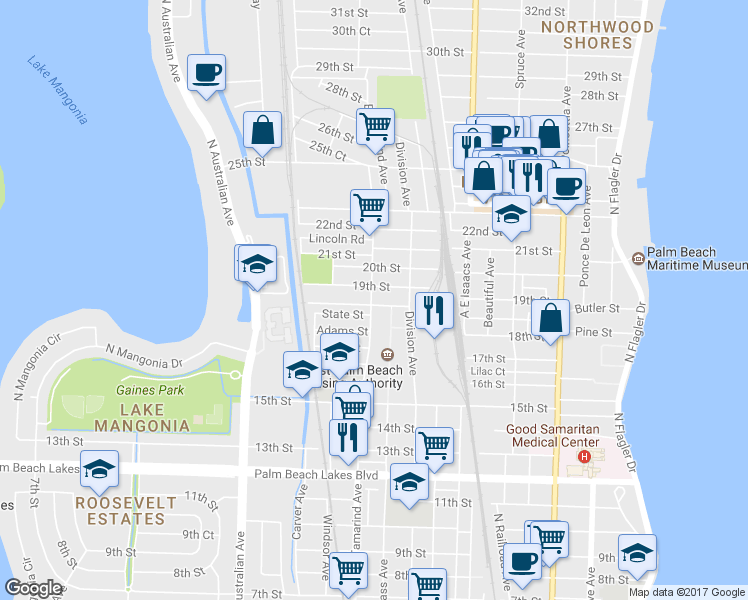 map of restaurants, bars, coffee shops, grocery stores, and more near 1940 North Tamarind Avenue in West Palm Beach