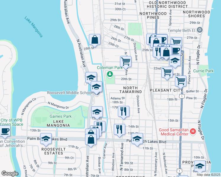 map of restaurants, bars, coffee shops, grocery stores, and more near 1125 Grant Street in West Palm Beach