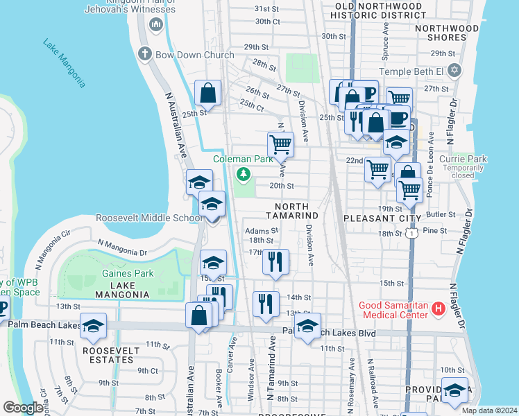 map of restaurants, bars, coffee shops, grocery stores, and more near 1035 Grant Street in West Palm Beach