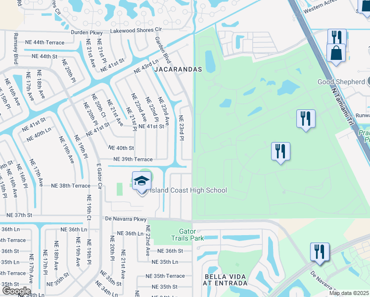 map of restaurants, bars, coffee shops, grocery stores, and more near 3935 Northeast 23rd Place in Cape Coral